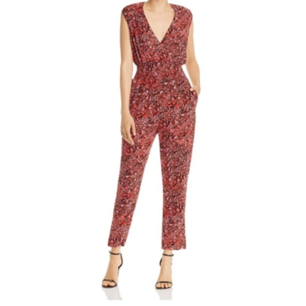 AQUA Womens Leopard Print Surplice Jumpsuit In Red